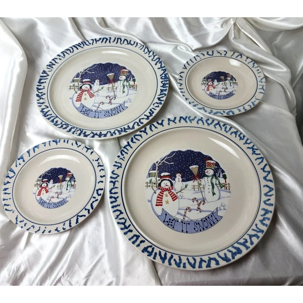 LET IT SNOW CERAMIC SNOWMAN DINNER/BREAD PLATE SET FOR 2